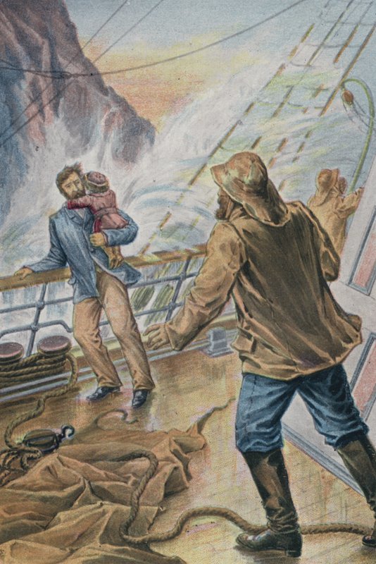 Mand, der bærer et barn og holder fast i rælingen på et skib i stormvejr (farvelitografi) af English School