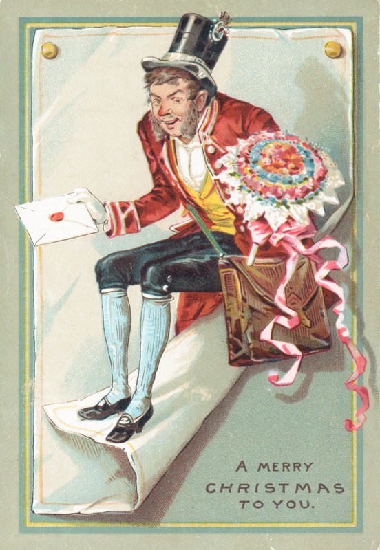 Mand leverer brev og blomster, julekort af English School