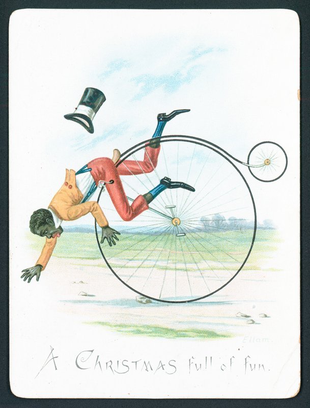 Mand falder af Penny Farthing, julekort af English School