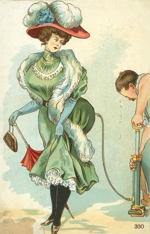 Mand puster en edwardiansk kvindes skørter op med en pumpe (farvelitografi) af English School