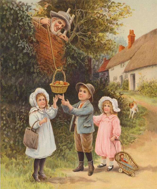 Mand sænker en kurv med frugt ned til børn (chromolitho) af English School