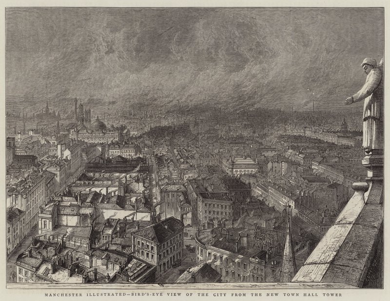 Manchester Illustrated, fugleperspektiv af byen fra New Town Hall Tower (gravering) af English School