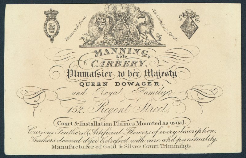 Manning, sen Carnery, plumassier, handelskort af English School