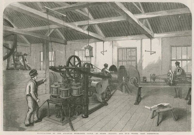 Fremstilling af det atlantiske undersøiske kabel på Glass Elliott and Co.s værker, East Greenwich af English School