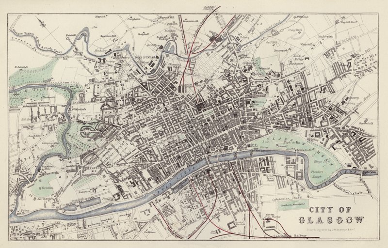 Kort: City of Glasgow, tegnet og indgraveret af G H Swanston, Edinburgh (farve litho) af English School