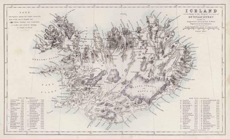 Kort: Island, ifølge Trigon Survey of Gunnlaugsson tegnet af Augustus Petermann (farvelitografi) af English School