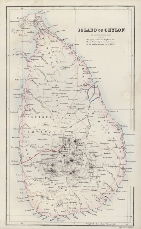 Kort: Øen Ceylon, af G H Swanston, Edinburgh (farvelitografi) af English School