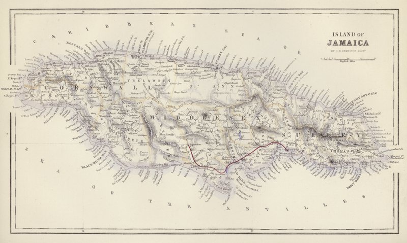 Kort: Island of Jamaica, af G H Swanston, Edinburgh (farvelitografi) af English School