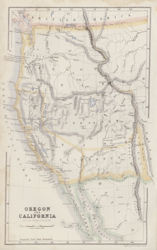 Kort: Oregon og Californien af G H Swanston, Edinburgh (farvelitografi) af English School