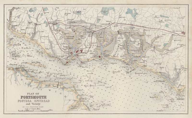 Kort: Plan over Portsmouth, Portsea Spithead og omegn, af G H Swanston, Edinburgh (farvelitografi) af English School
