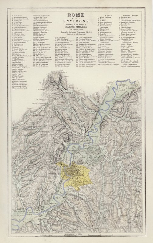 Kort: Rom med omegn, ifølge undersøgelsen af baron Moltke, i 1845 og 1846, tegnet af Augustus Petermann (farve litho) af English School