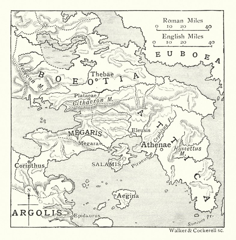 Kort over Attika med Salamis og Ægina, Boeotia, Megaris og en del af Korinth og Argolis (litografi) af English School