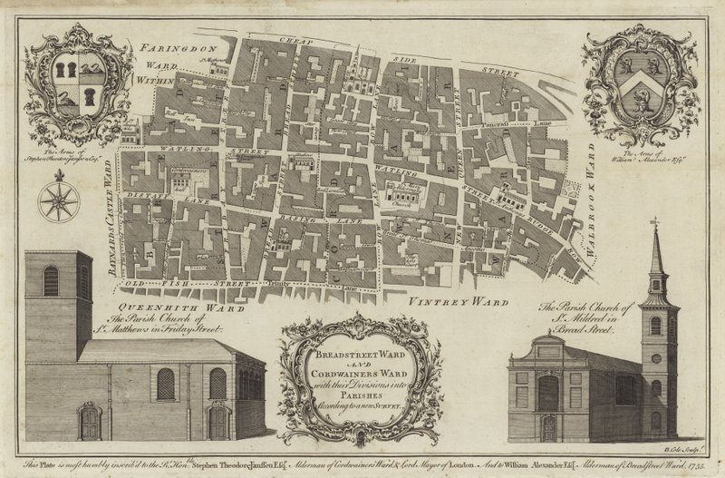 Kort over Bread Street Ward og Cordwainers Ward, London af English School