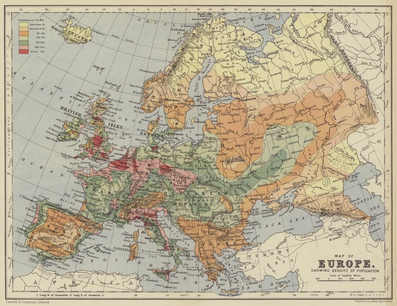 Kort over Europa, der viser befolkningstæthed af English School