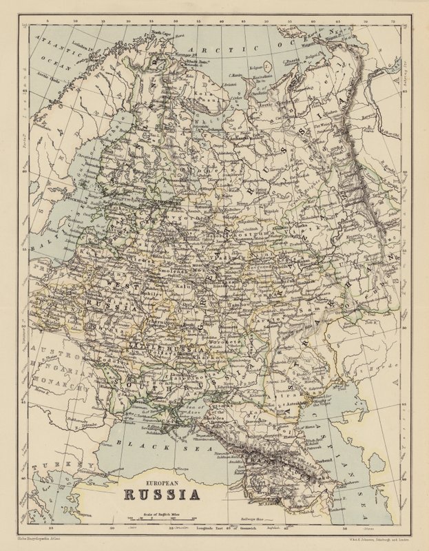 Kort over det europæiske Rusland (farvelitografi) af English School