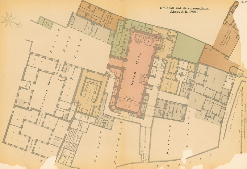 Kort over Guildhall, London og det omkringliggende område omkring 1750 af English School