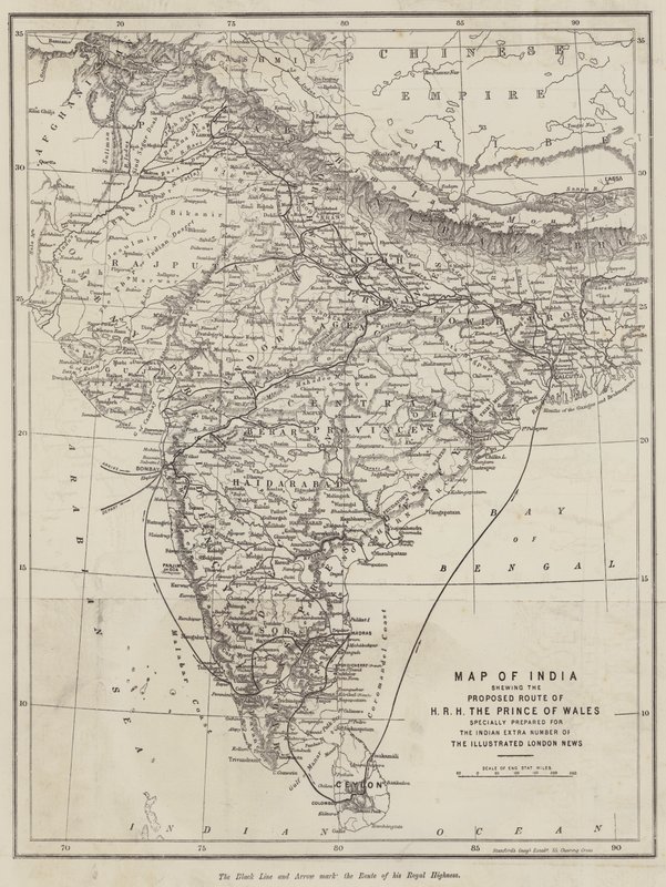 Kort over Indien, der viser den foreslåede rute for HKH Prinsen af Wales (gravering) af English School