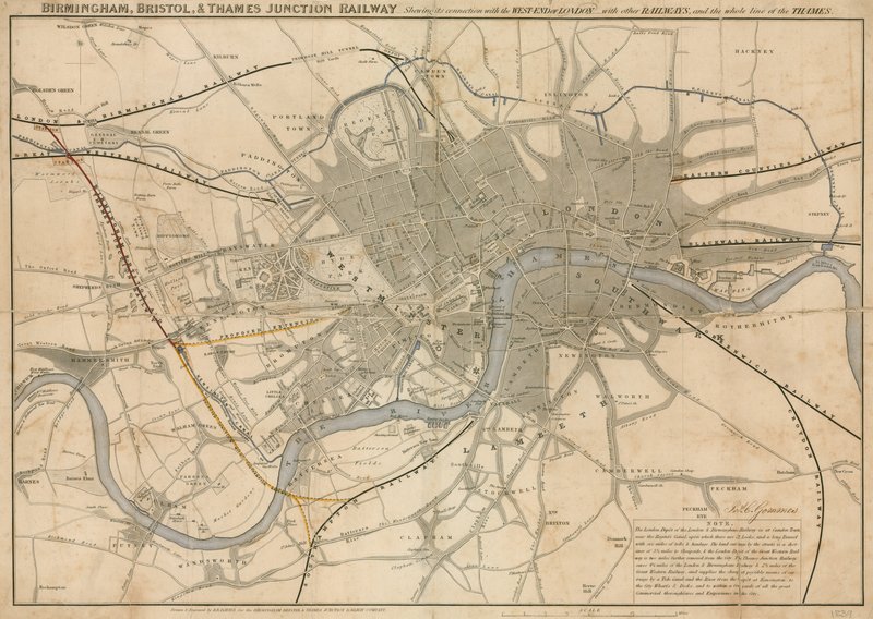 Kort over London, der viser jernbanen Birmingham, Bristol, Thames Junction, 1839 af English School