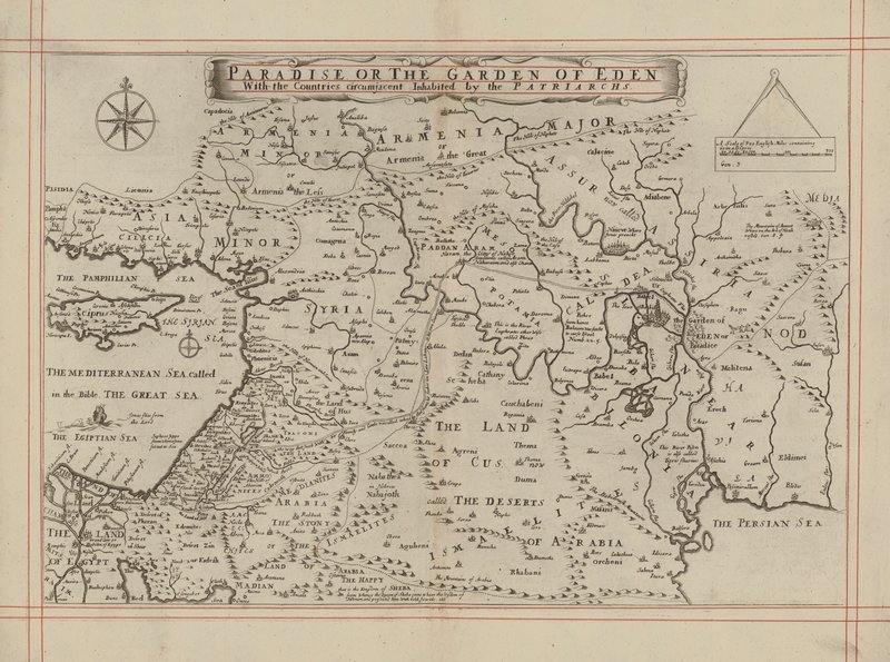 Kort over Paradiset eller Edens Have og de lande, der blev beboet af patriarkerne (gravering) af English School