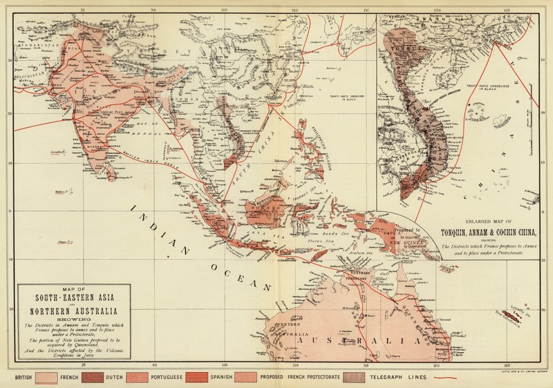Kort over Sydøstasien og det nordlige Australien; Forstørret kort over Tonquin, Annam og Cochin Kina (farvebillede) af English School