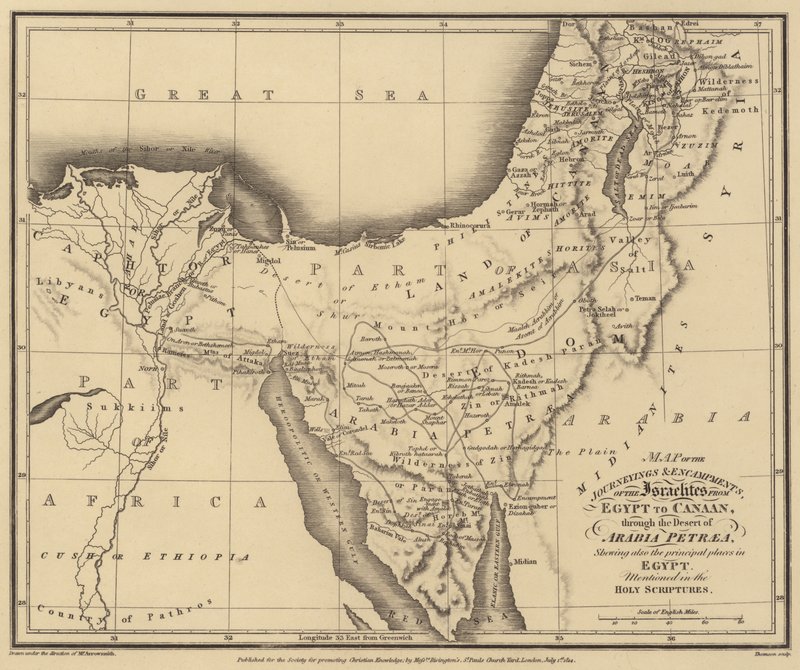 Kort over israelitternes rejser og lejre fra Egypten til Kanaan, gennem ørkenen (gravering) af English School