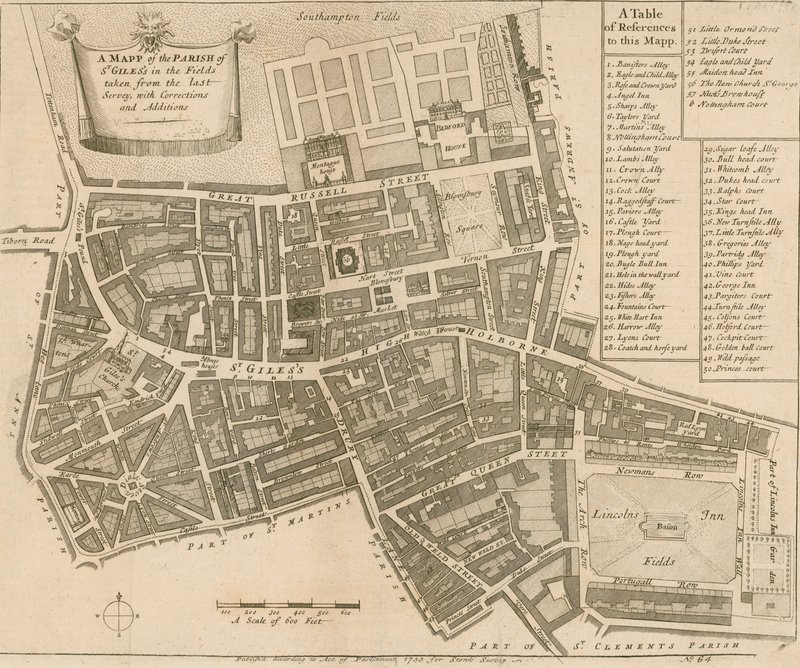 Kort over sognet St Giles in the Fields, London af English School