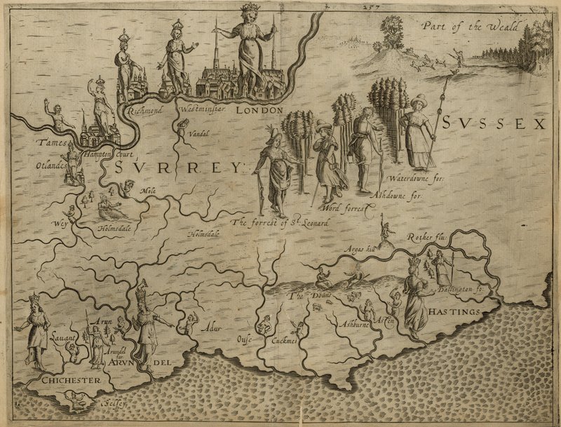 Kort over det sydlige England, inklusive London, Surrey og Sussex af English School