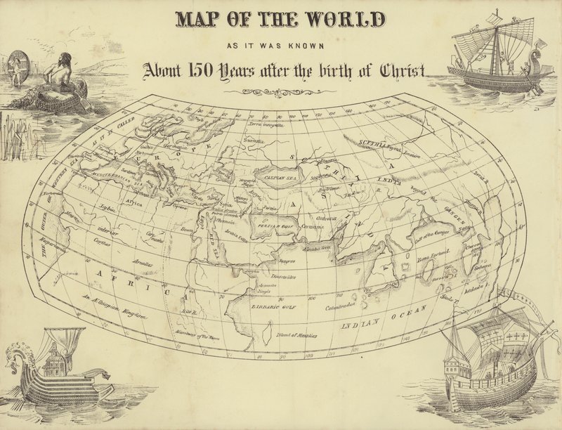 Kort over verden, som den var kendt ca. 150 år efter Kristi fødsel (gravering) af English School
