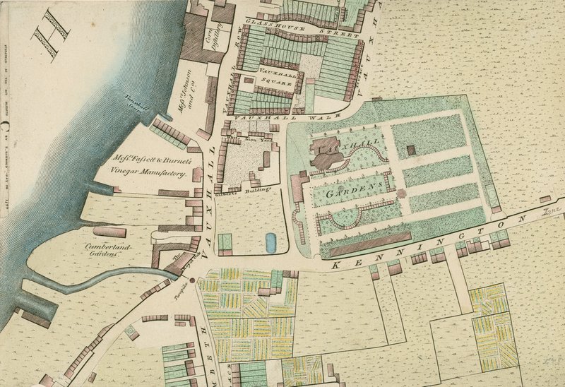 Kort, der viser placeringen af Vauxhall Gardens, London af English School