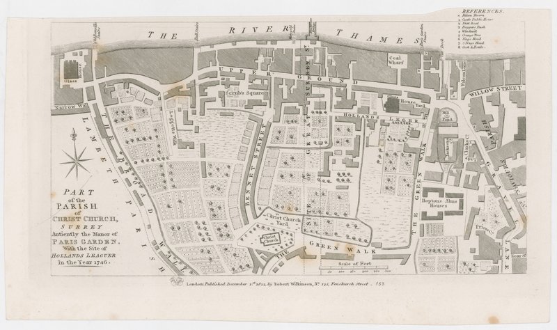Kort, der viser herregården i Paris Garden af R Wilkinson, 1822 af English School