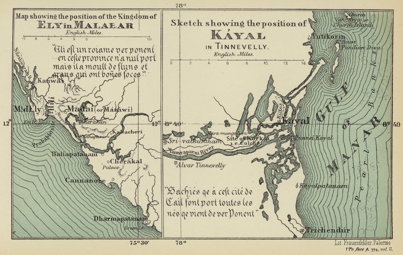 Kort, der viser placeringen af kongeriget Ely i Malabar, skitse, der viser placeringen af Kayal i Tinnevelly (farvelitografi) af English School