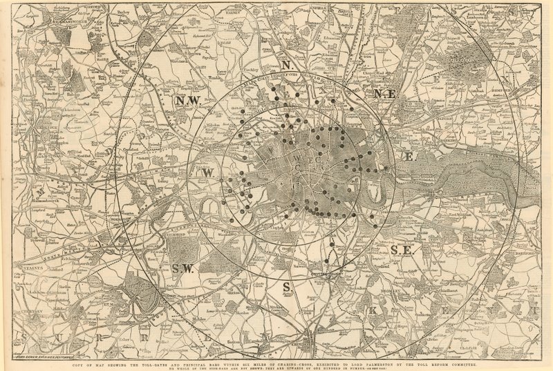 Kort, der viser betalingsportene og de vigtigste barer inden for 6 miles fra Charing Cross, udstillet for Lord Palmerston af Toll Reform Committee af English School