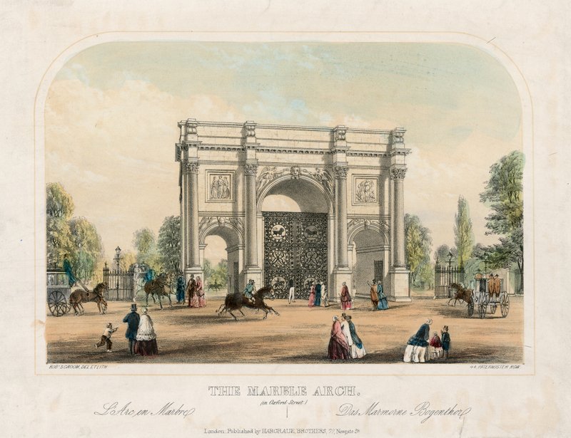 Marble Arch, Oxford Street, London (farvet gravering) af English School