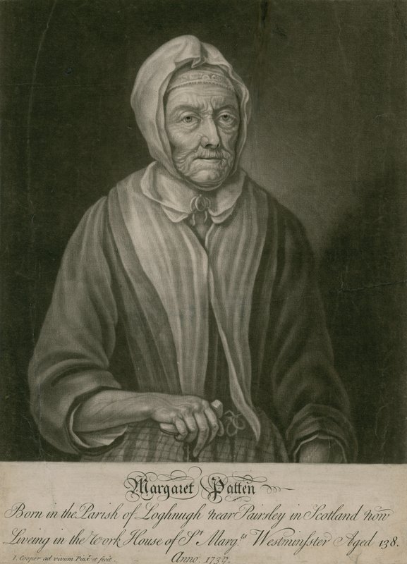Margaret Patten, der nu bor i arbejdshuset i St Margarets, Westminster, 138 år gammel af English School