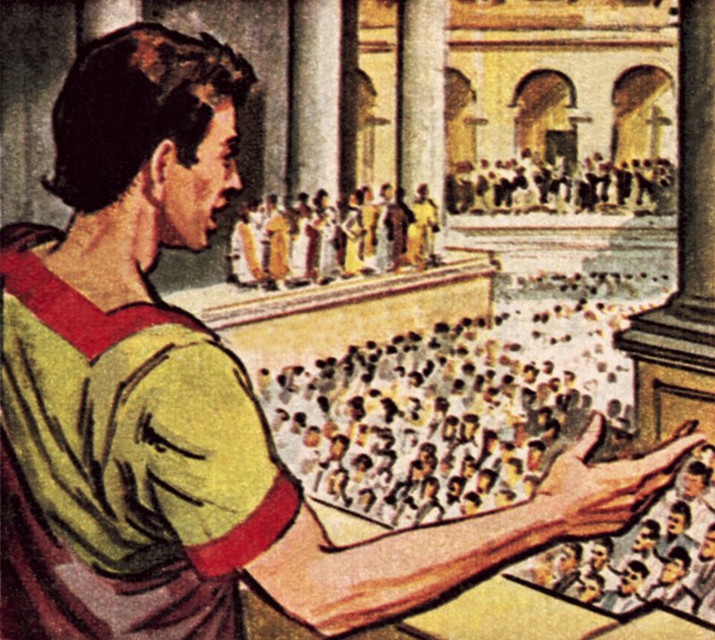 Mark Antony taler om den myrdede Julius Cæsar til befolkningen i Rom af English School
