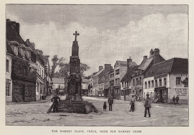 Markedsplads, Crecy, Frankrig, med det gamle markedskors (litho) af English School