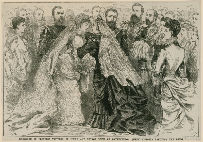 Ægteskab mellem prinsesse Victoria af Hessen og prins Louis af Battenberg, dronning Victoria hilste bruden, 16. maj 1884 af English School