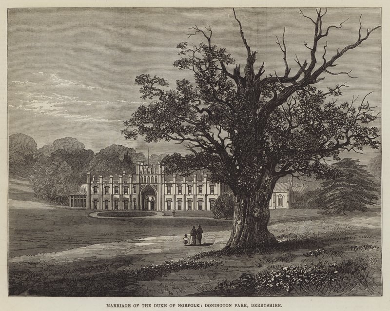 Ægteskab med hertugen af Norfolk, Donington Park, Derbyshire (gravering) af English School