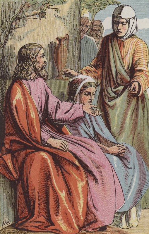 Martha anmoder vor Herre om at bede Maria hjælpe hende (farvet indgravering) af English School