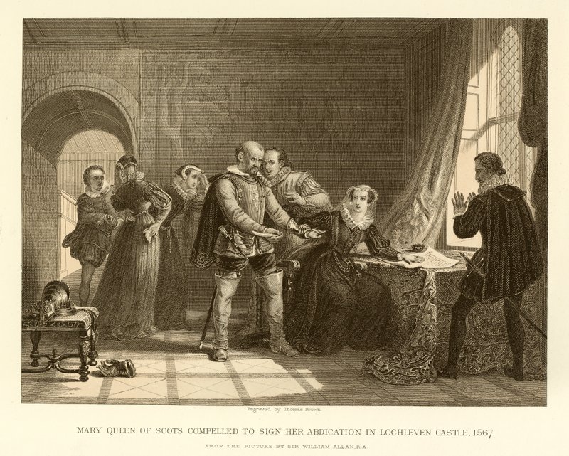Mary Queen of Scots tvunget til at underskrive sin abdikation i Lochleven Slot af English School