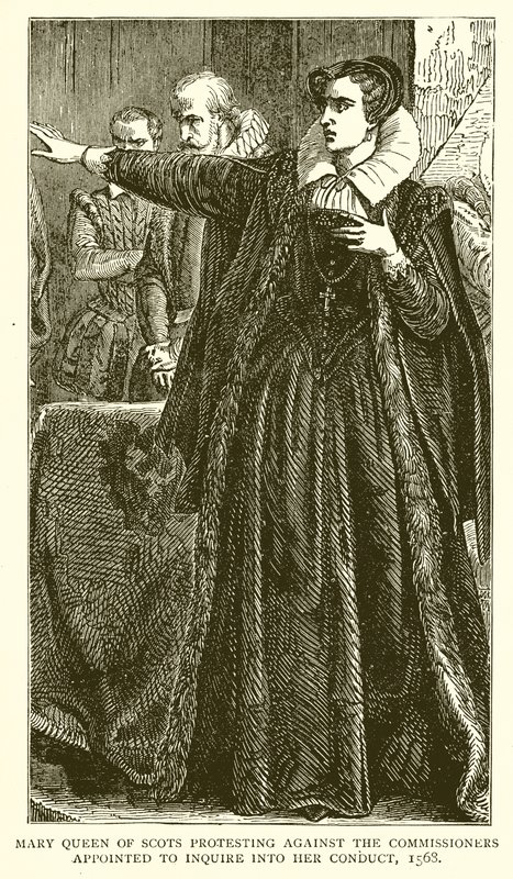 Mary Queen of Scots protesterer mod kommissærerne udpeget til at undersøge hendes adfærd, 1568 af English School