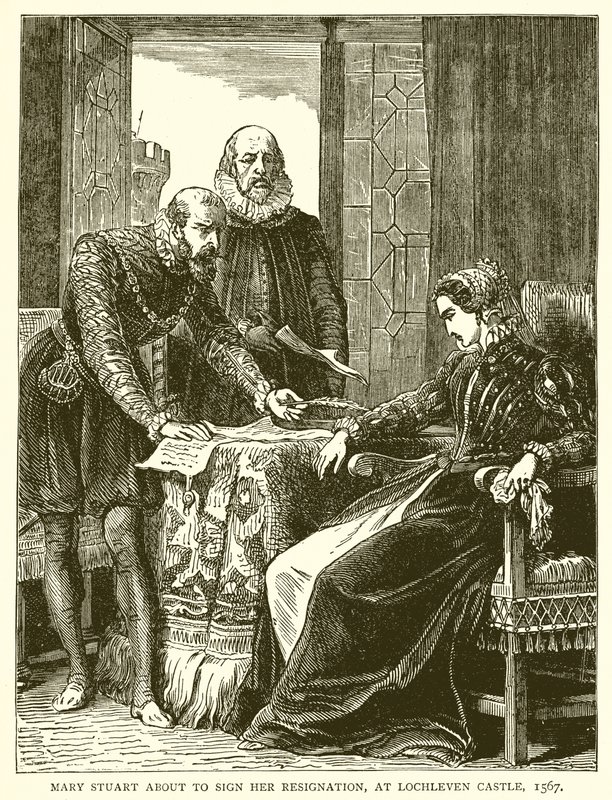 Mary Stuart om Sign her Resignation, på Lochleven Castle, 1567 af English School