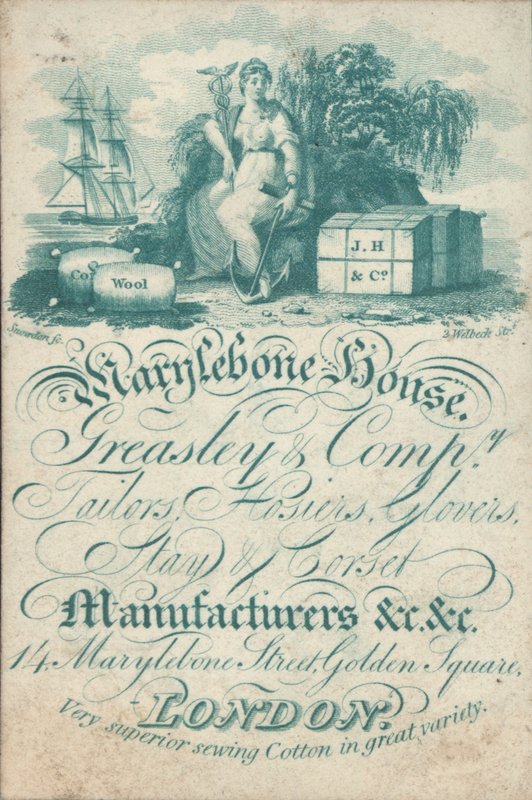 Marylebone House, Greasley & Co, skræddere, strømpebukser, handsker, stag og korsetproducenter, 14 Marylebone Street, Golden Square, handelskort af English School