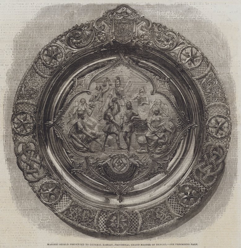 Frimurerskjold præsenteret for general Ramsay, provinsstormester i Bengal (gravering) af English School