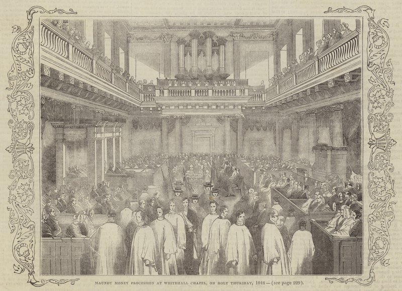 Skærpengeprocession ved Whitehall Chapel, på hellig torsdag, 1844 af English School