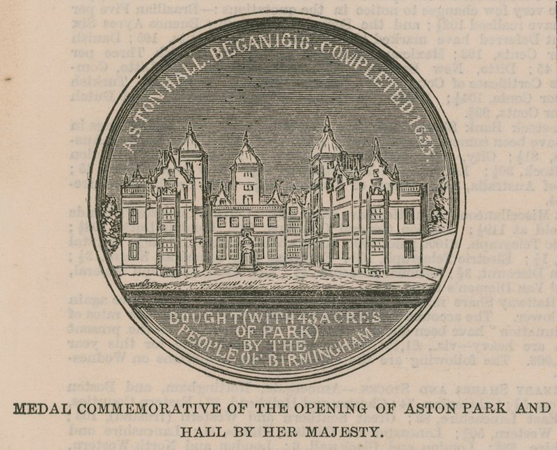 Medalje til minde om åbningen af Aston Park og Hall af Hendes Majestæt af English School