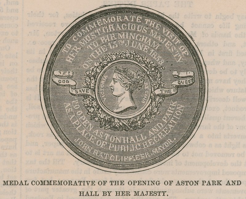Medalje til minde om åbningen af Aston Park og Hall af Hendes Majestæt af English School