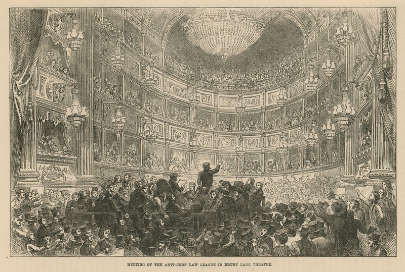 Møde i Anti-Corn Law League i Drury Lane Theatre af English School