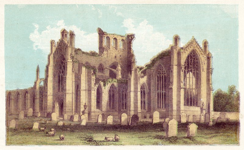 Melrose Abbey (farvelitografi) af English School