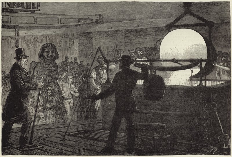 Smeltning af metal til bronzesfinksen, der skal placeres på Themsens dæmning (gravering) af English School